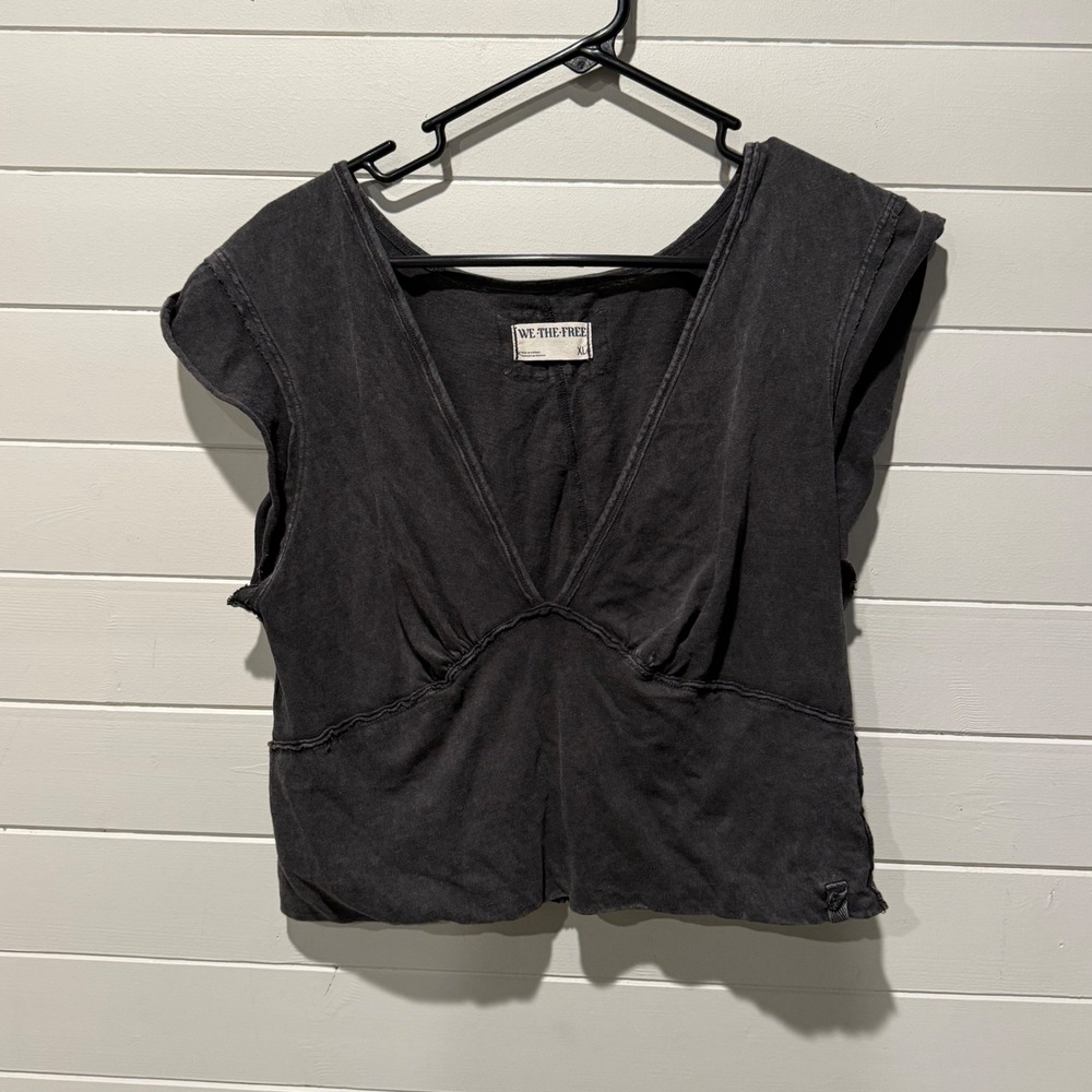 Free People We The Free Womens XL Black Mineral Wash Smocked Crop Top OB2084108